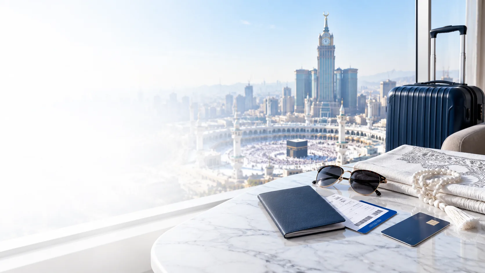 Passport, boarding pass, prayer beads and a suitcase on a marble table overlooking the Kaaba and the Makkah Clock Tower