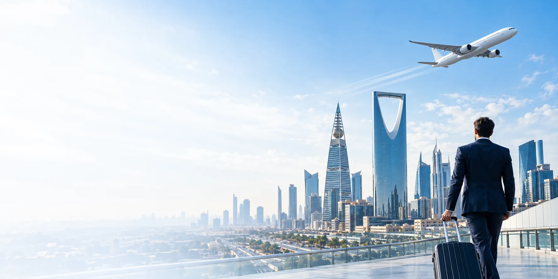 Business traveller with a suitcase looking at the Riyadh skyline as a plane takes off